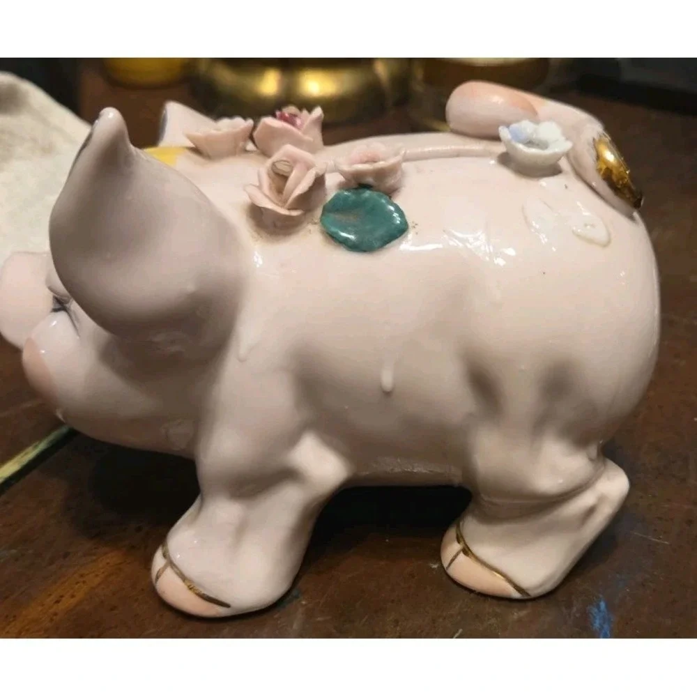 Vintage Piggy Bank Pink Flowers Gold Trim Japan True Piggy Bank Break For Money